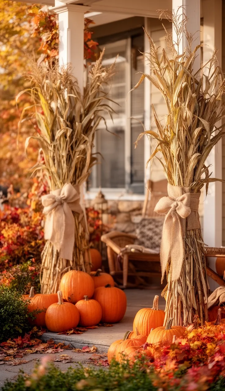 Cornstalk bundles tied to porch columns for fall