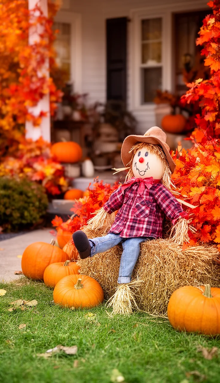 Friendly scarecrow propped against a hay bale in the yard