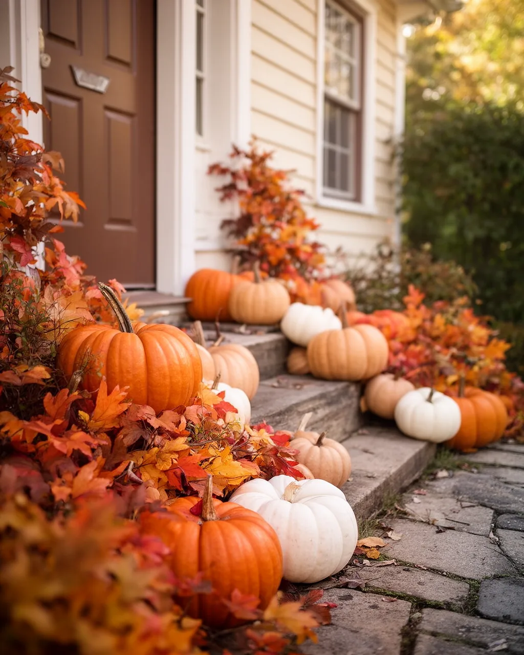 Cluster of mixed pumpkins by a front door