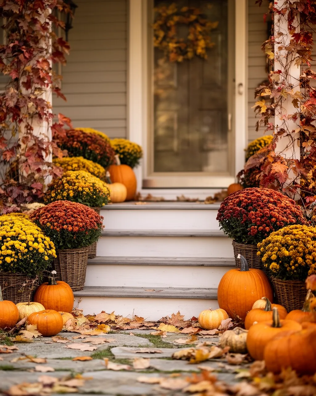 Potted mums flanking front porch steps