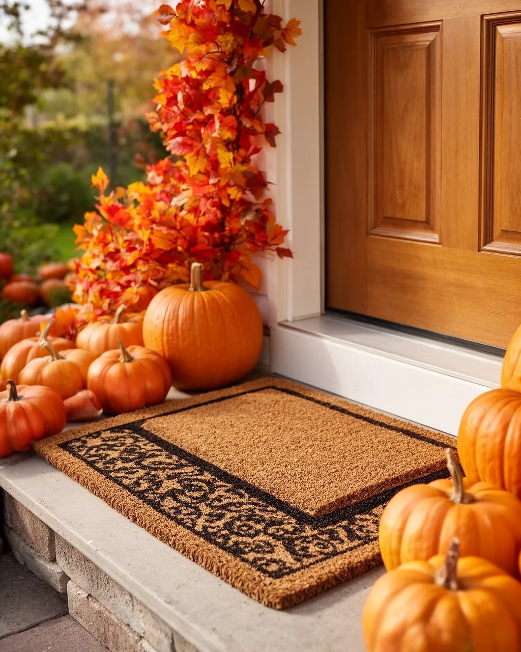 Layered fall doormat on a front step