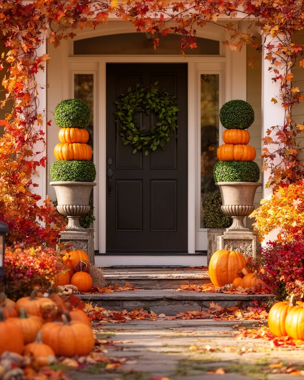Stacked pumpkin topiaries by a front door