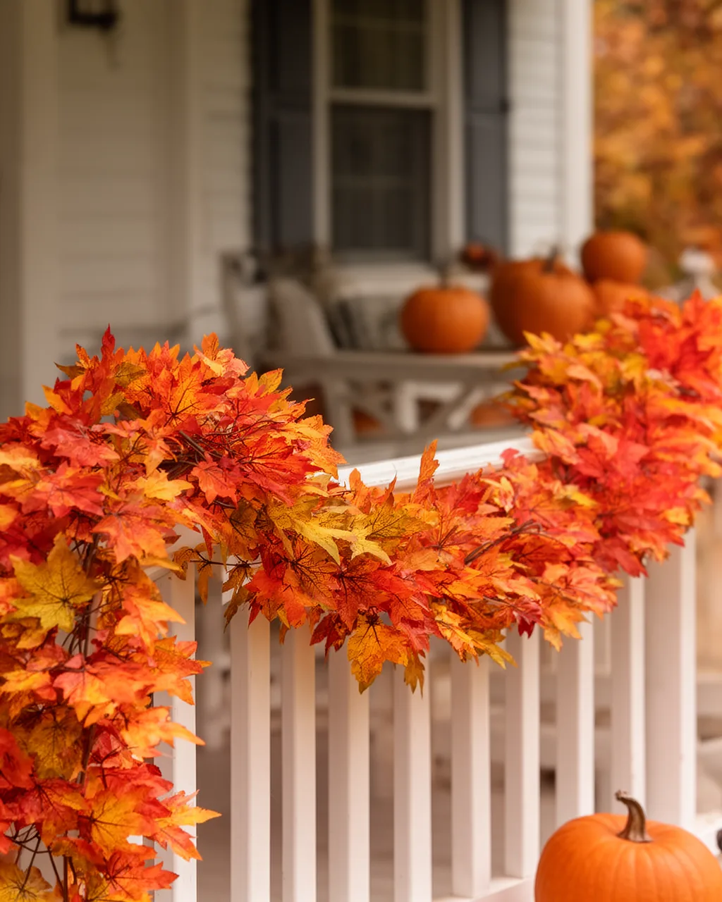 Fall garland along a porch railing