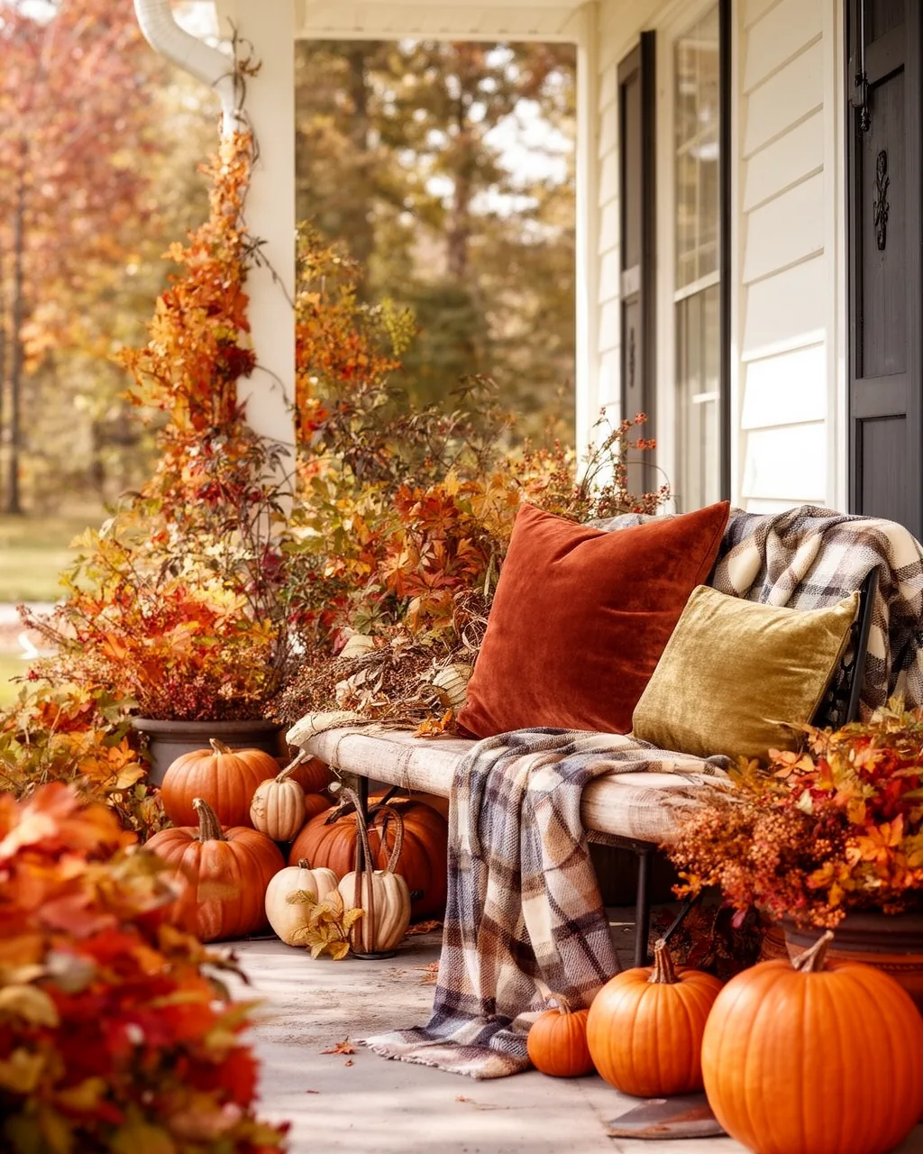 Cozy fall porch bench with throw and pillows