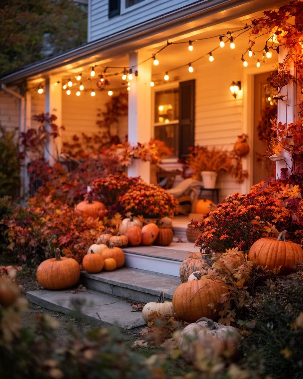 String lights glowing on a fall porch