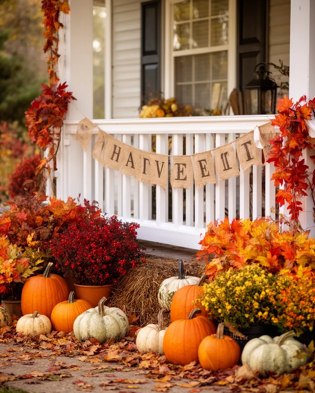 Burlap fall banner on a porch railing