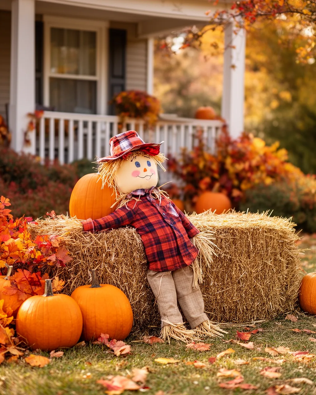 Scarecrow propped against a hay bale