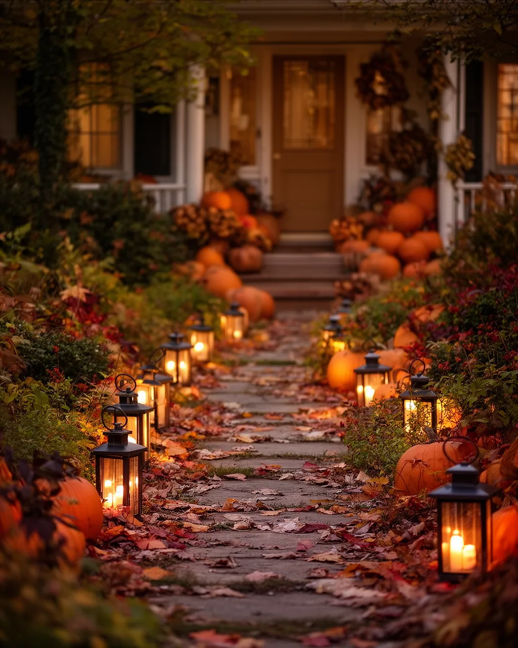 Lanterns glowing along a front path