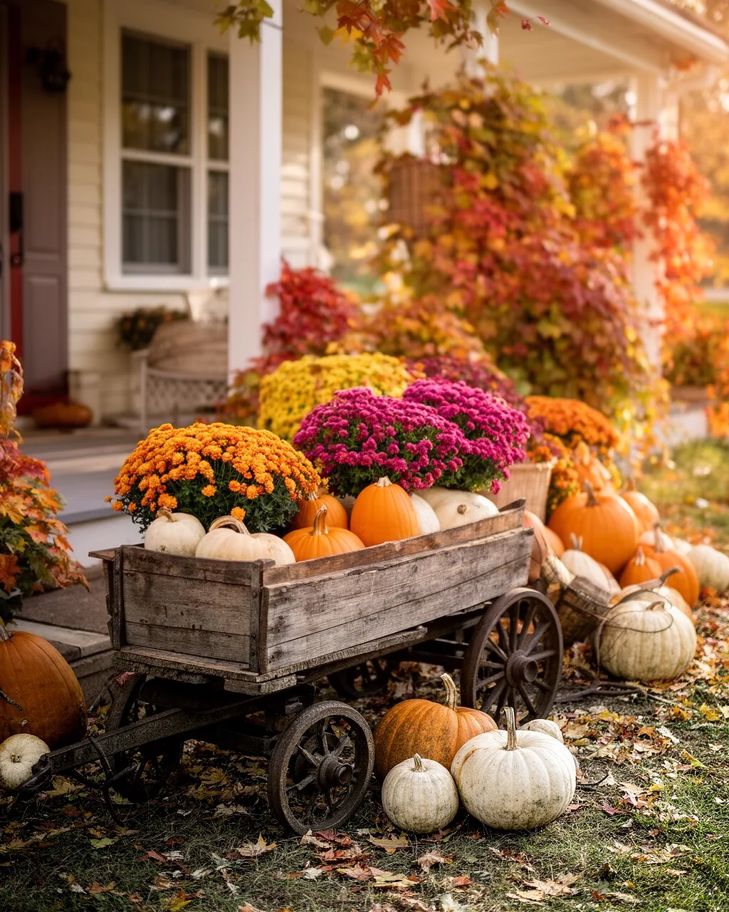 Wooden crate and wagon filled with pumpkins