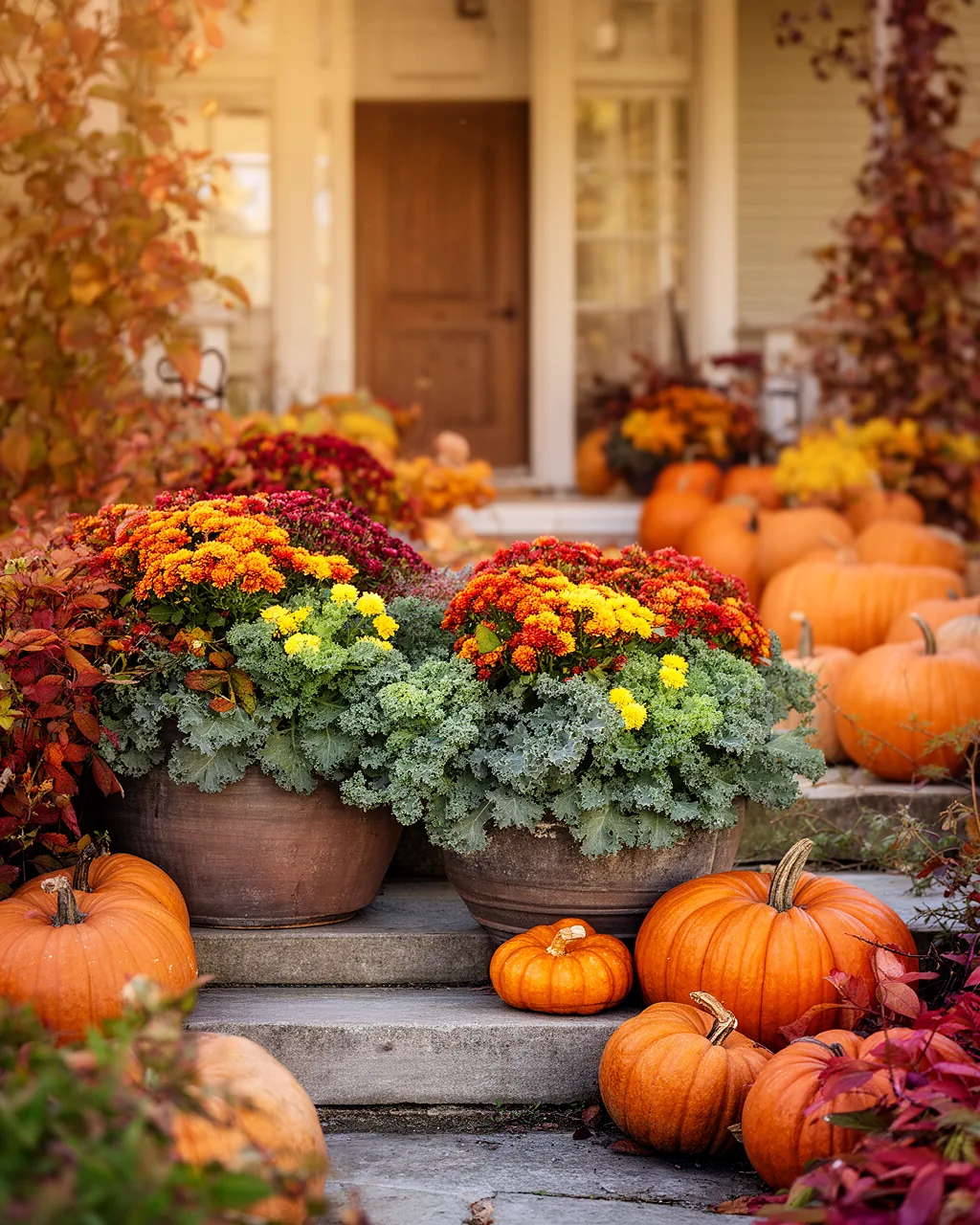 Overflowing fall planters on steps
