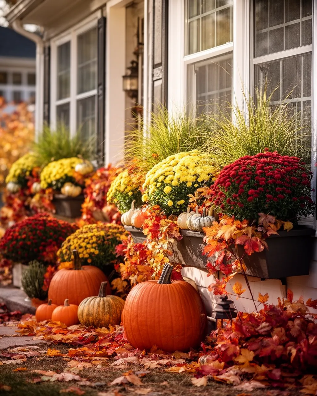 Fall window boxes with mums and grasses