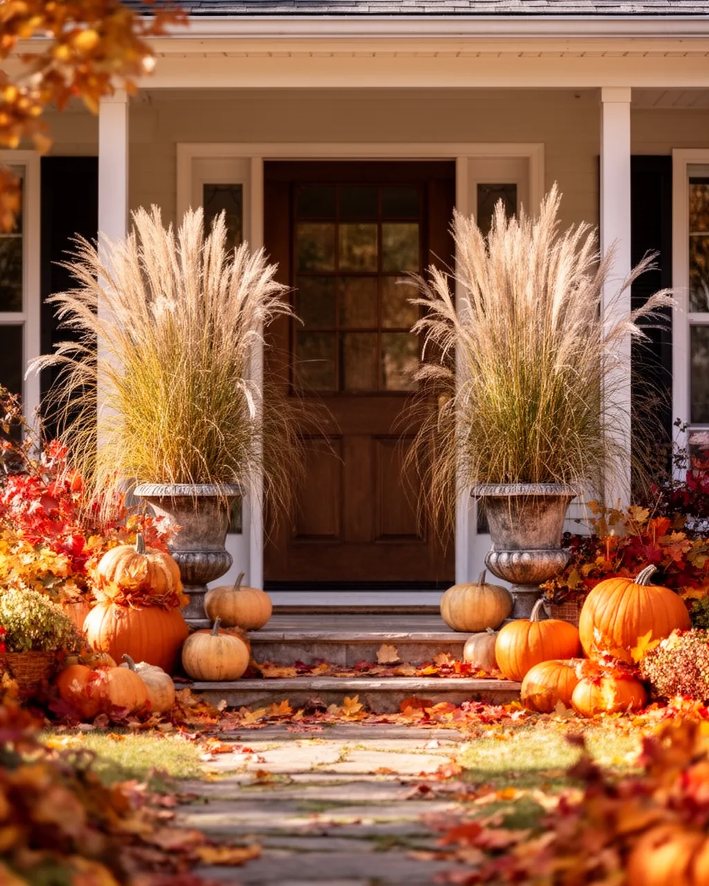 Ornamental grasses in urns by a door