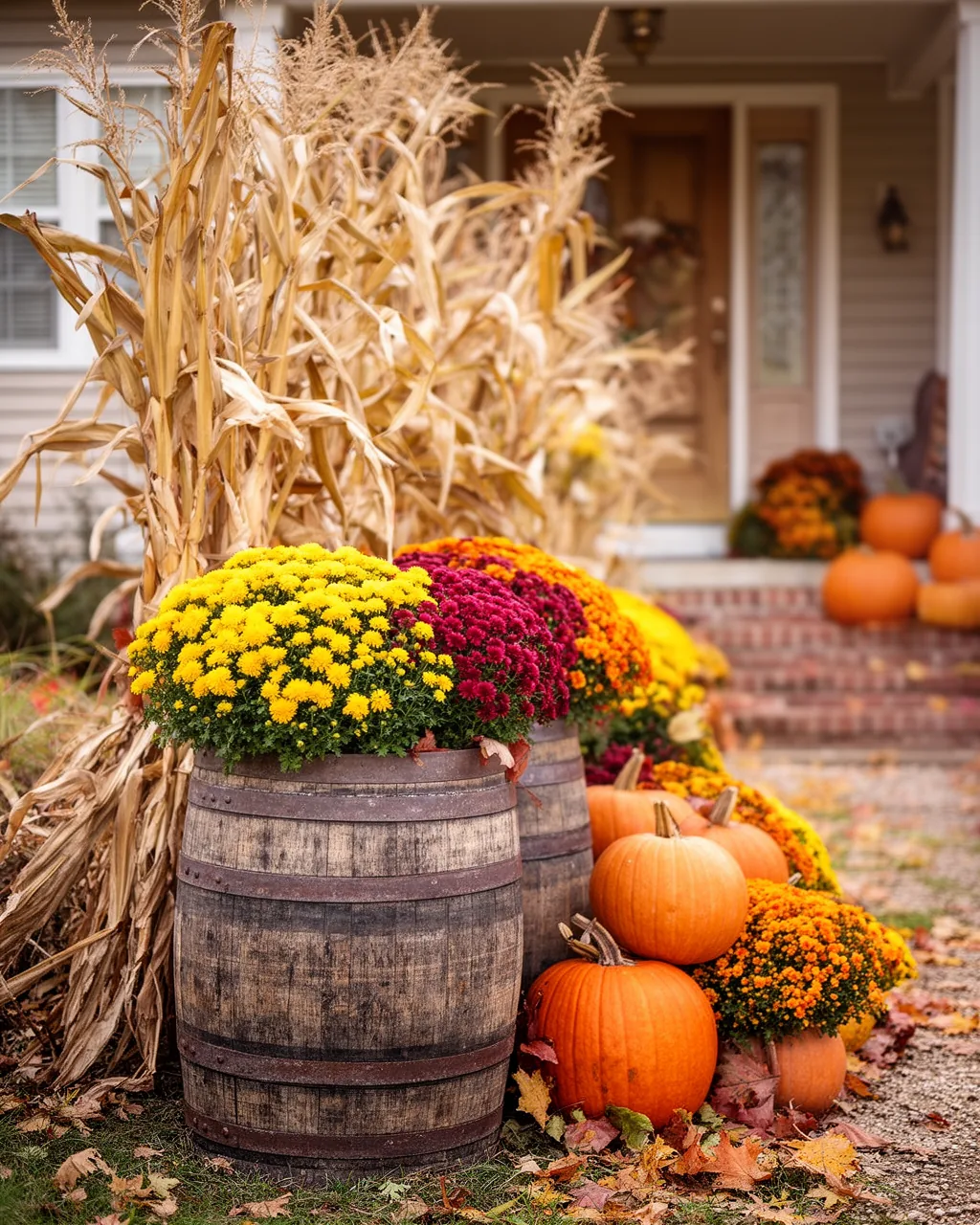 Half-barrel with mums and cornstalks