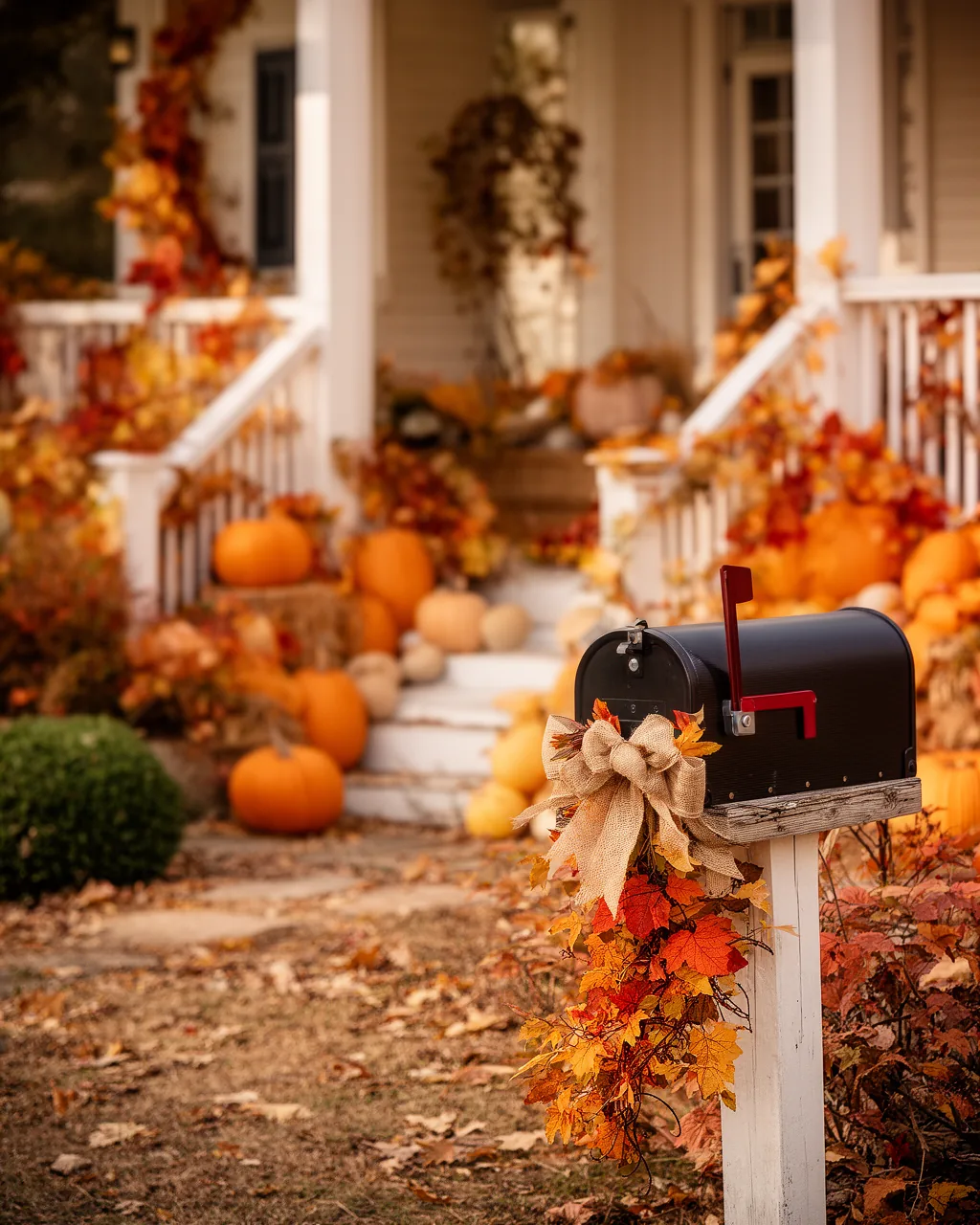 Decorated fall mailbox with garland