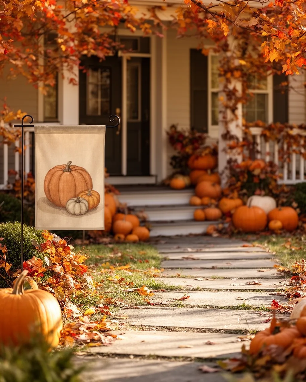 Fall garden flag by a walkway