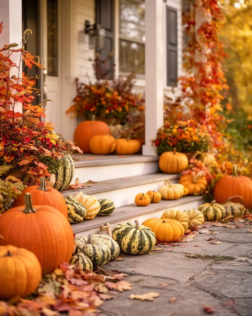 Gourds and squash on porch steps