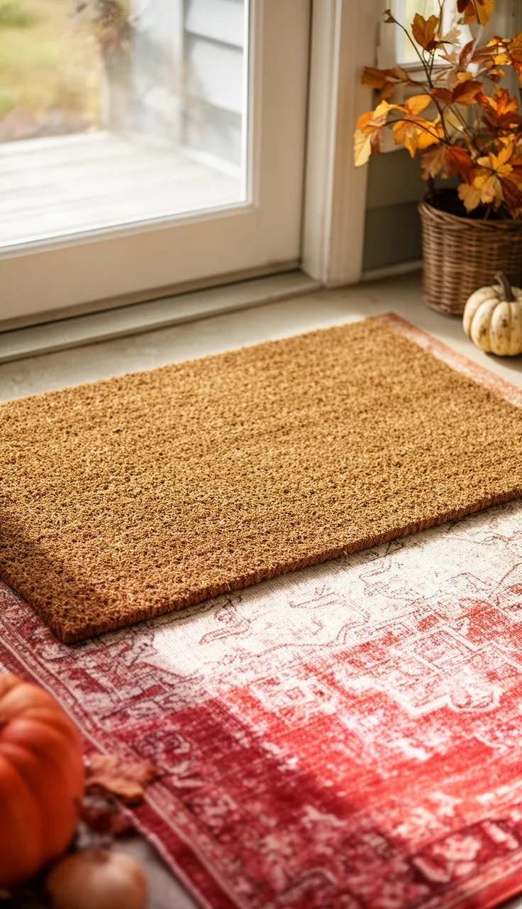 Layered doormat over a vintage-style rug