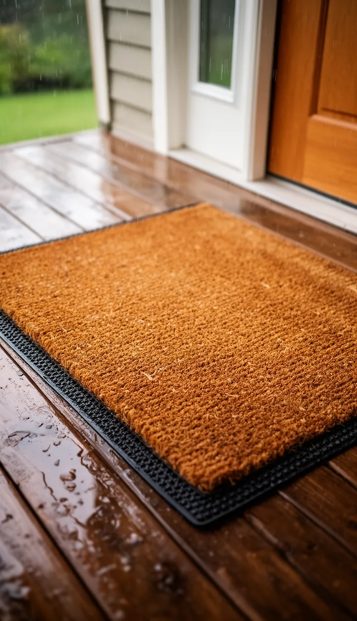 Rubber-backed fall doormat on a wet porch