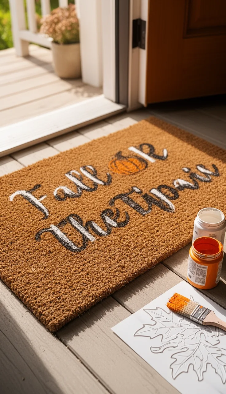 DIY stenciled fall doormat with painted lettering
