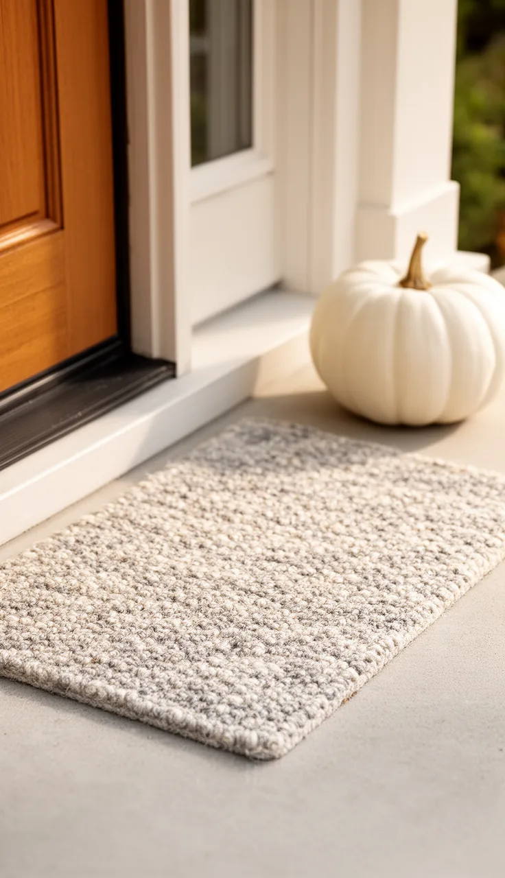 Neutral textured fall doormat on a modern porch