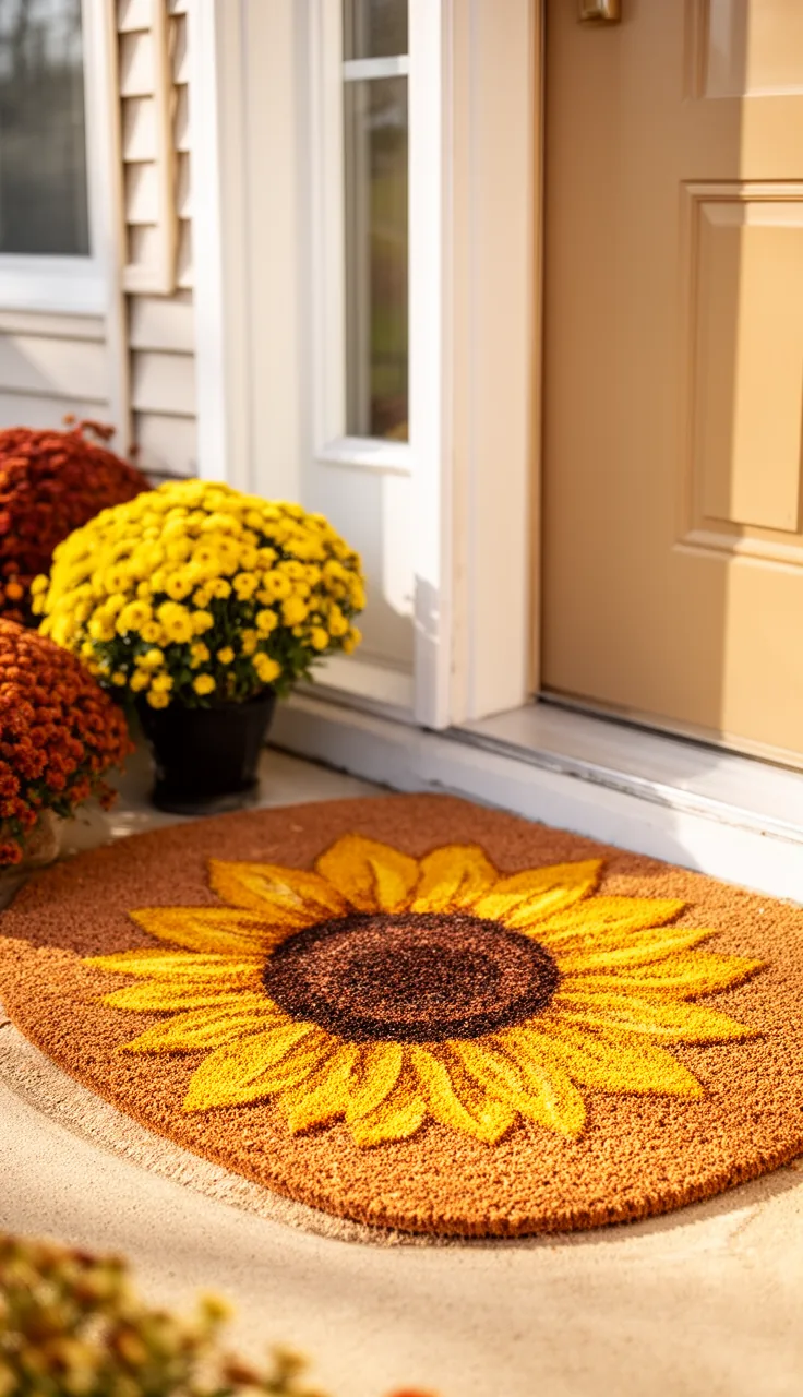 Sunflower doormat on an early fall porch