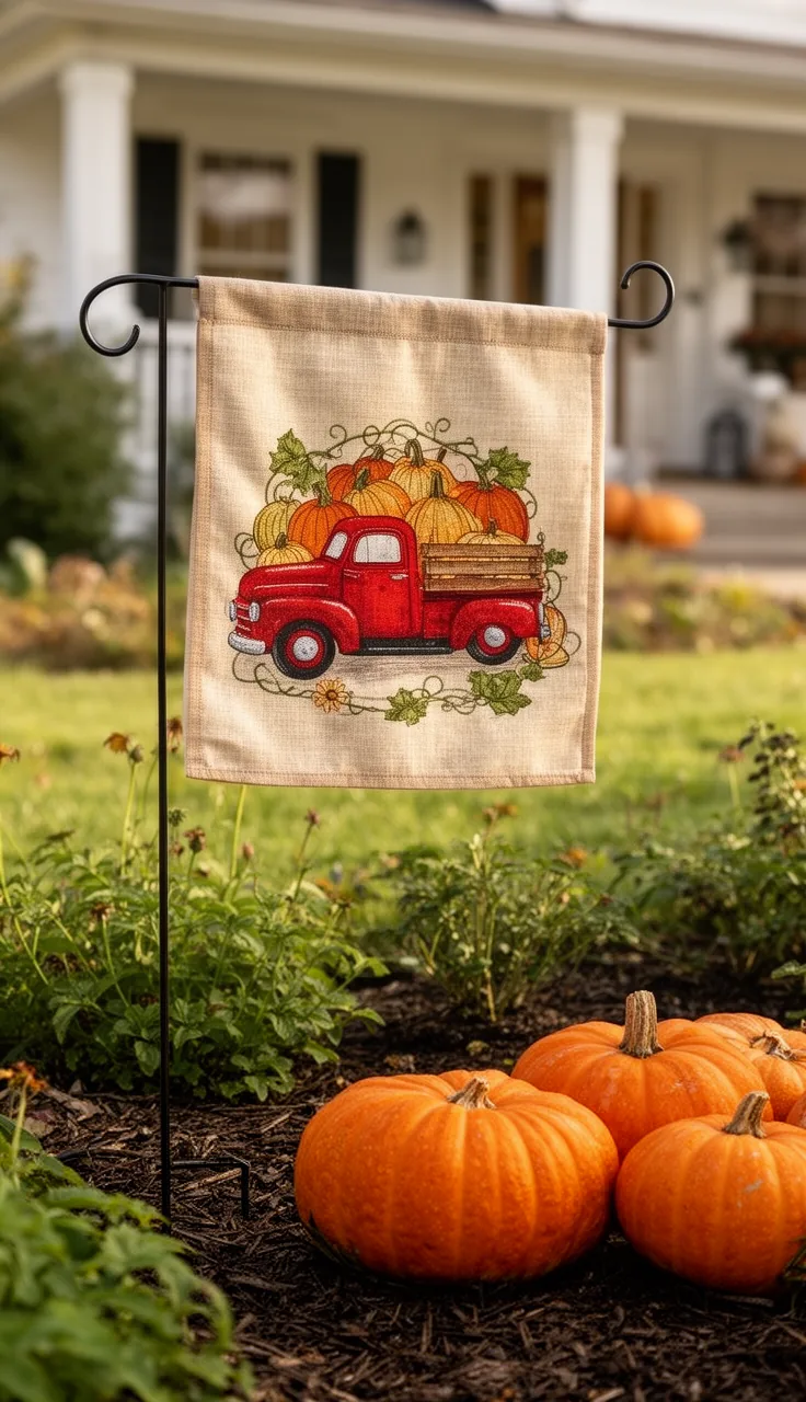 Vintage truck fall garden flag with pumpkins