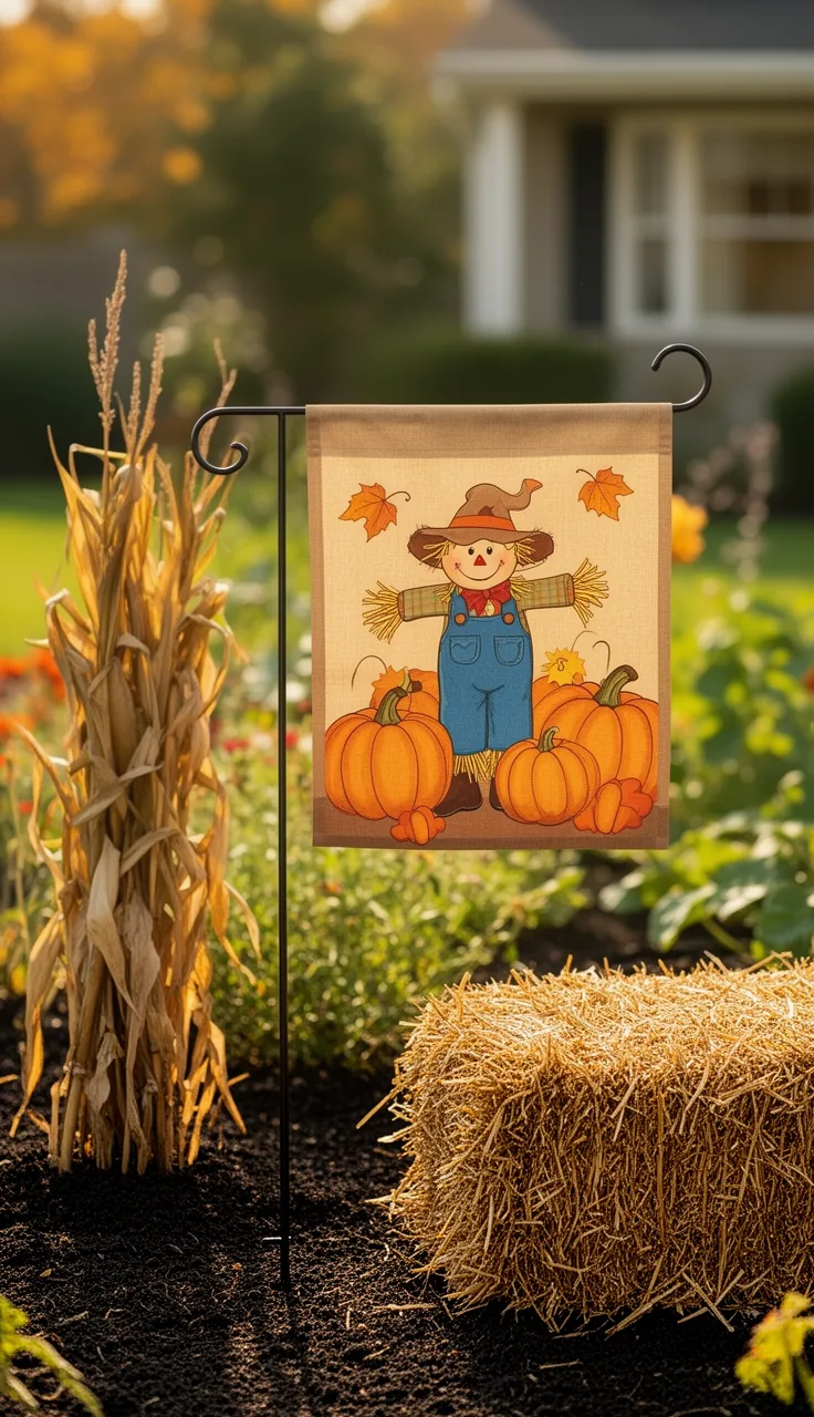 Scarecrow fall garden flag with cornstalks