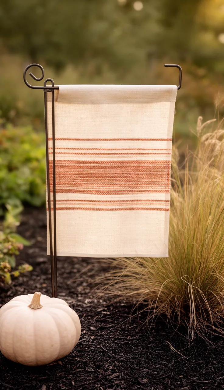 Neutral boho fall garden flag in a modern yard