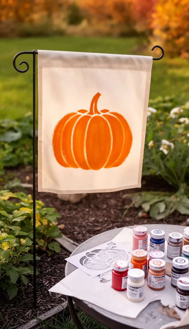 DIY stenciled fall garden flag drying on a table