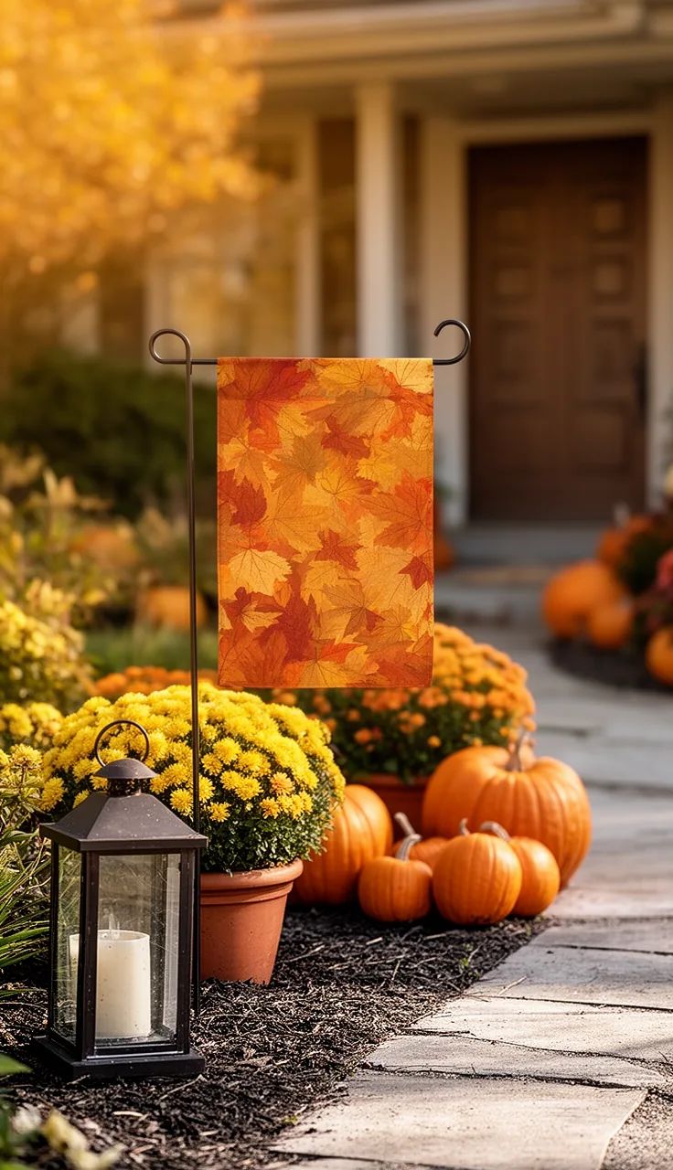 Fall yard styled around a garden flag