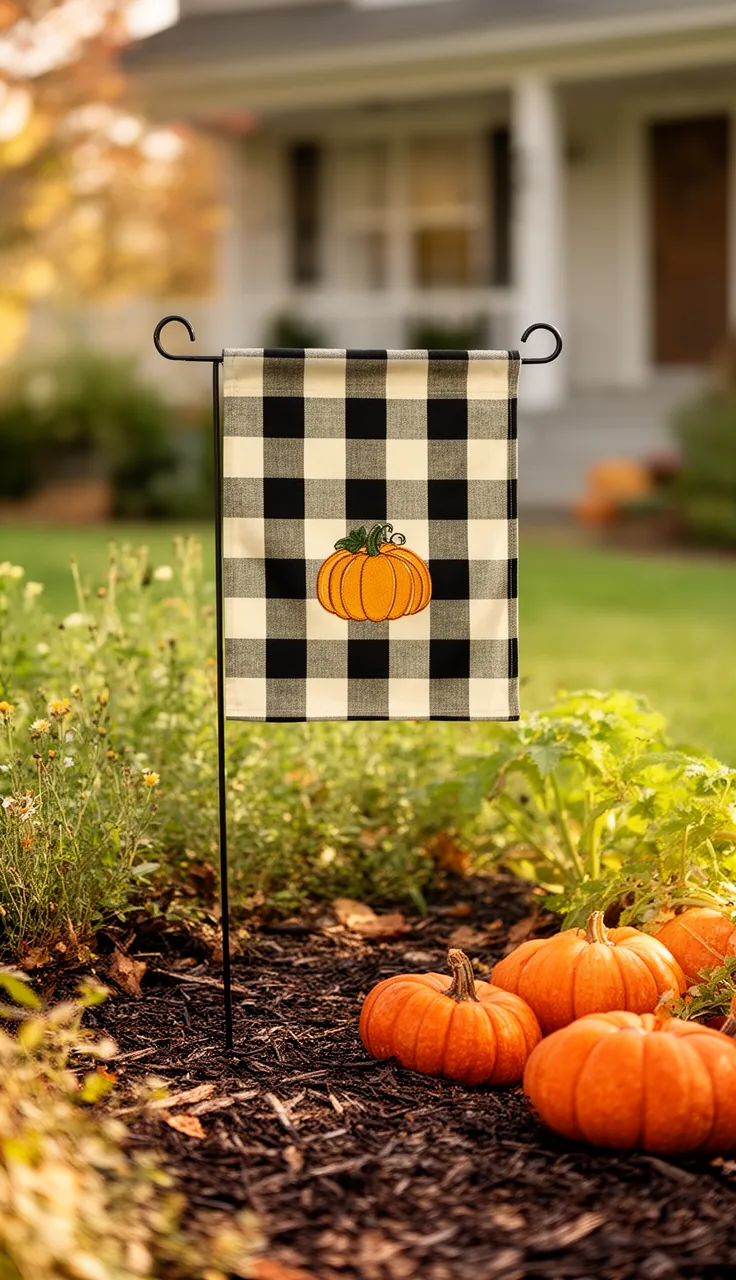 Buffalo plaid fall garden flag in a farmhouse yard