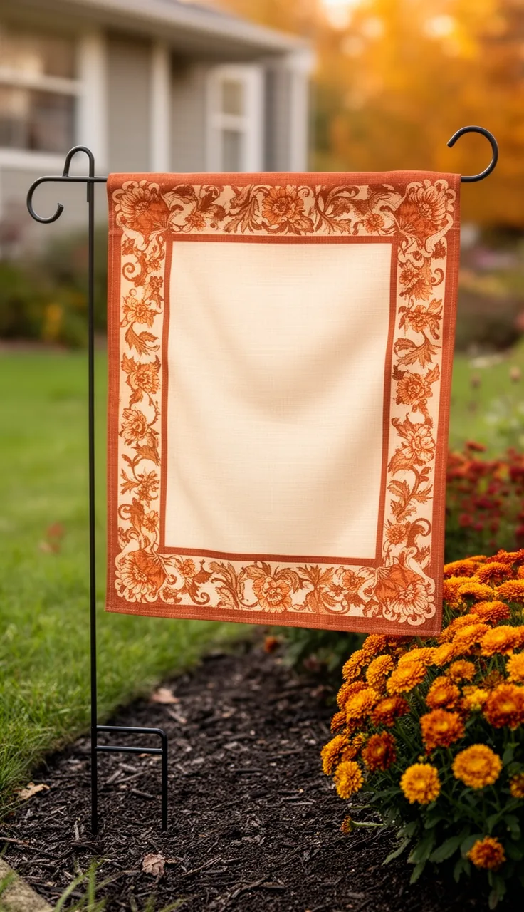 Monogram-style fall garden flag with a floral border