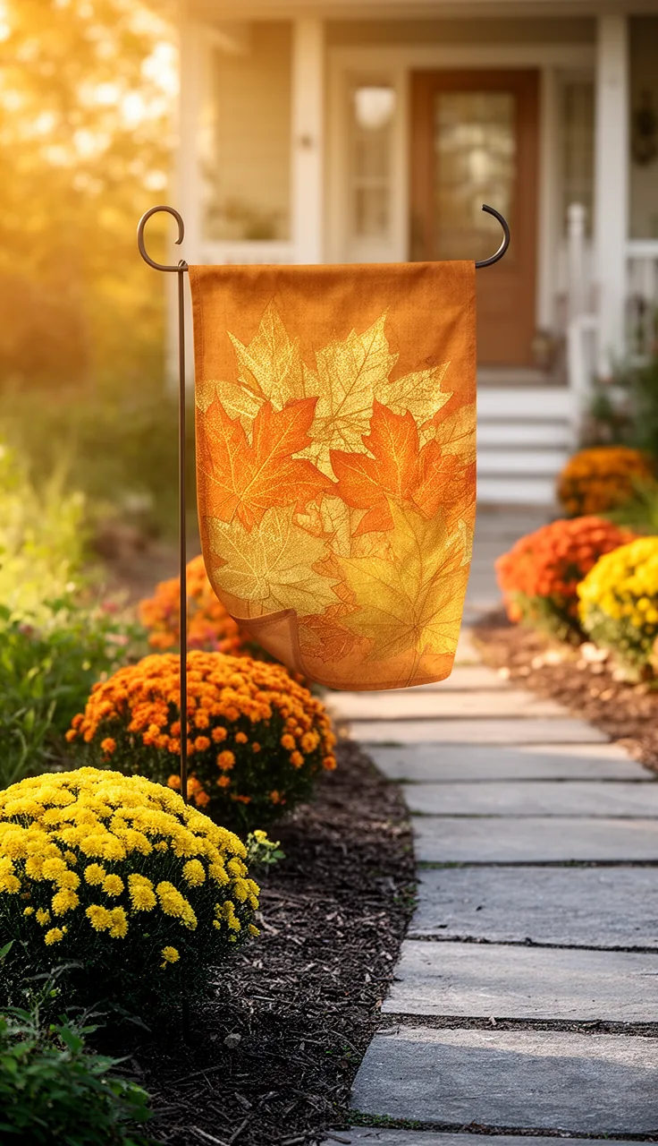 Welcome fall garden flag by the front walk