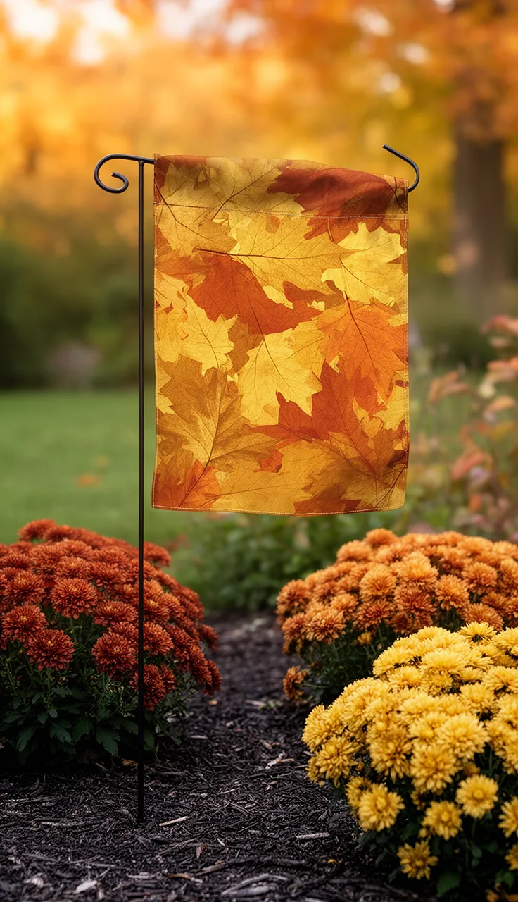 Autumn leaves fall garden flag in a garden bed