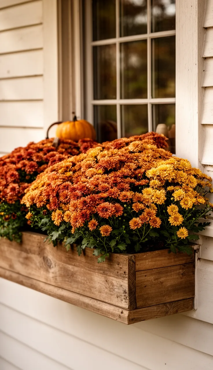 Classic fall window box packed with rust and gold mums