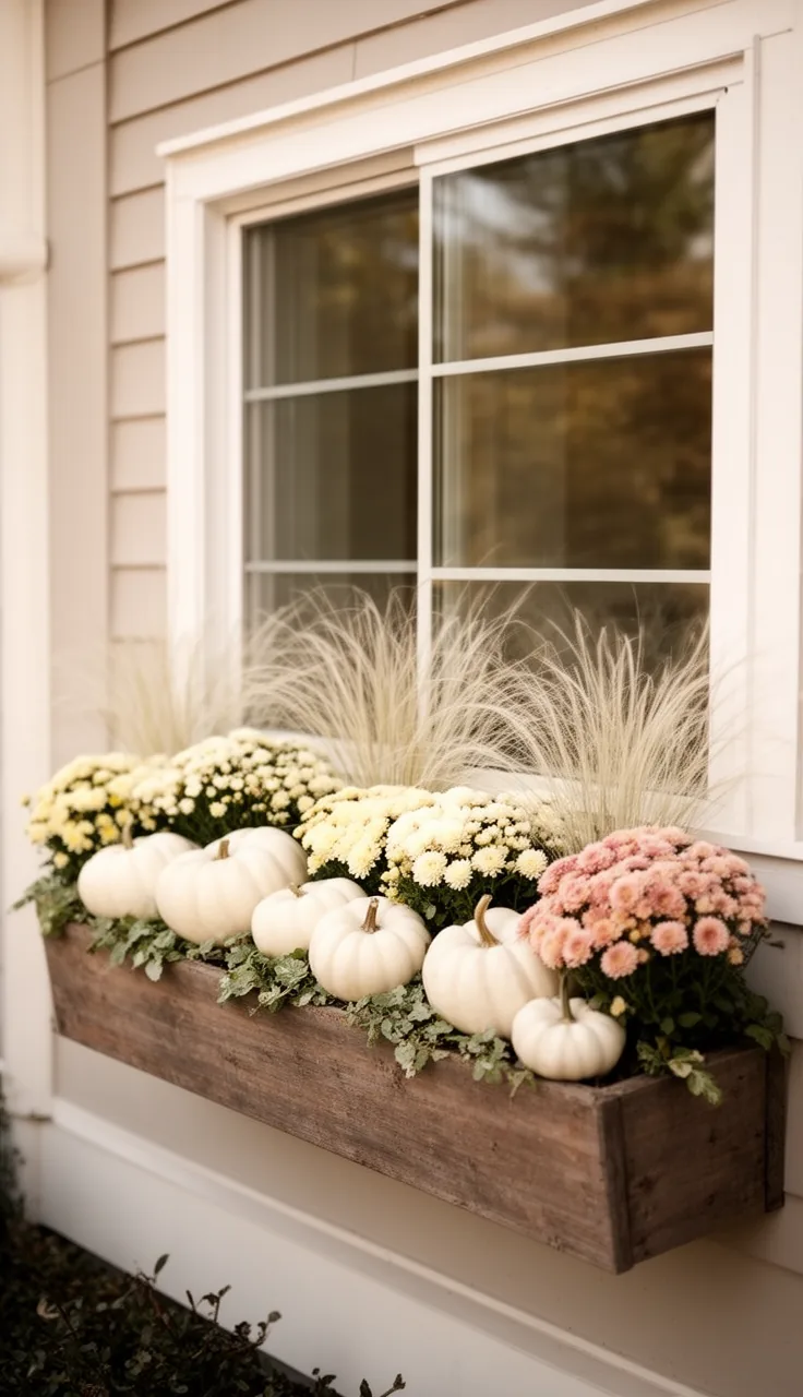 Neutral fall window box with white pumpkins and cream mums