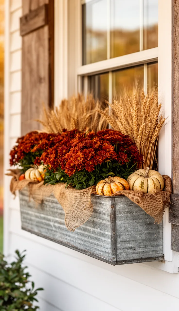 Farmhouse fall window box in weathered wood and galvanized metal