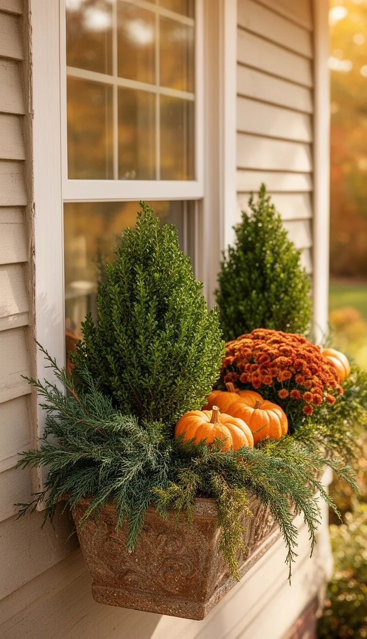 Evergreen fall window box that transitions into winter