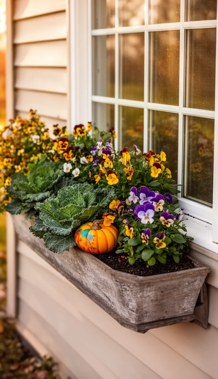 Kid-friendly fall window box with pansies and painted pumpkins