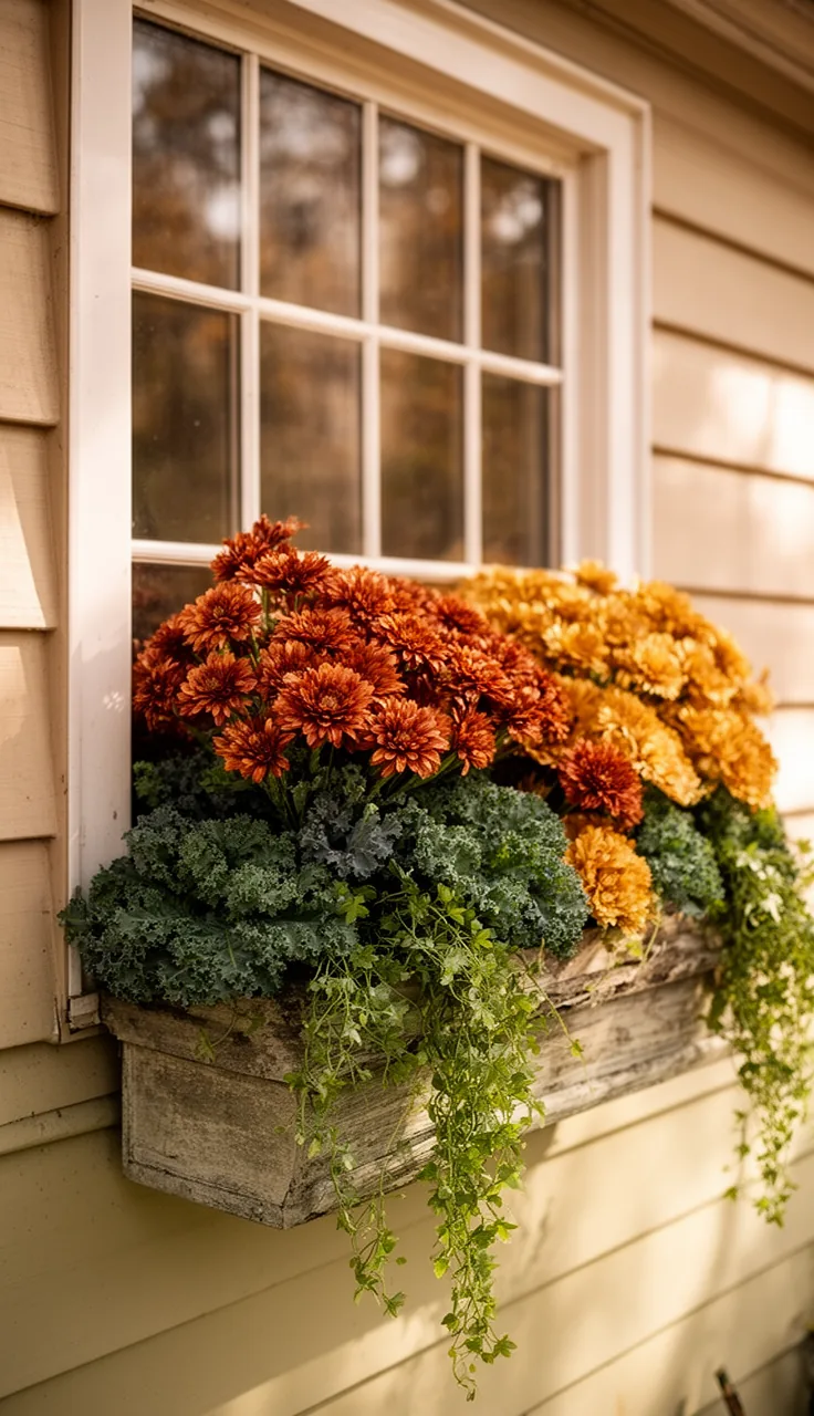 Faux flower fall window box for a hard-to-reach window