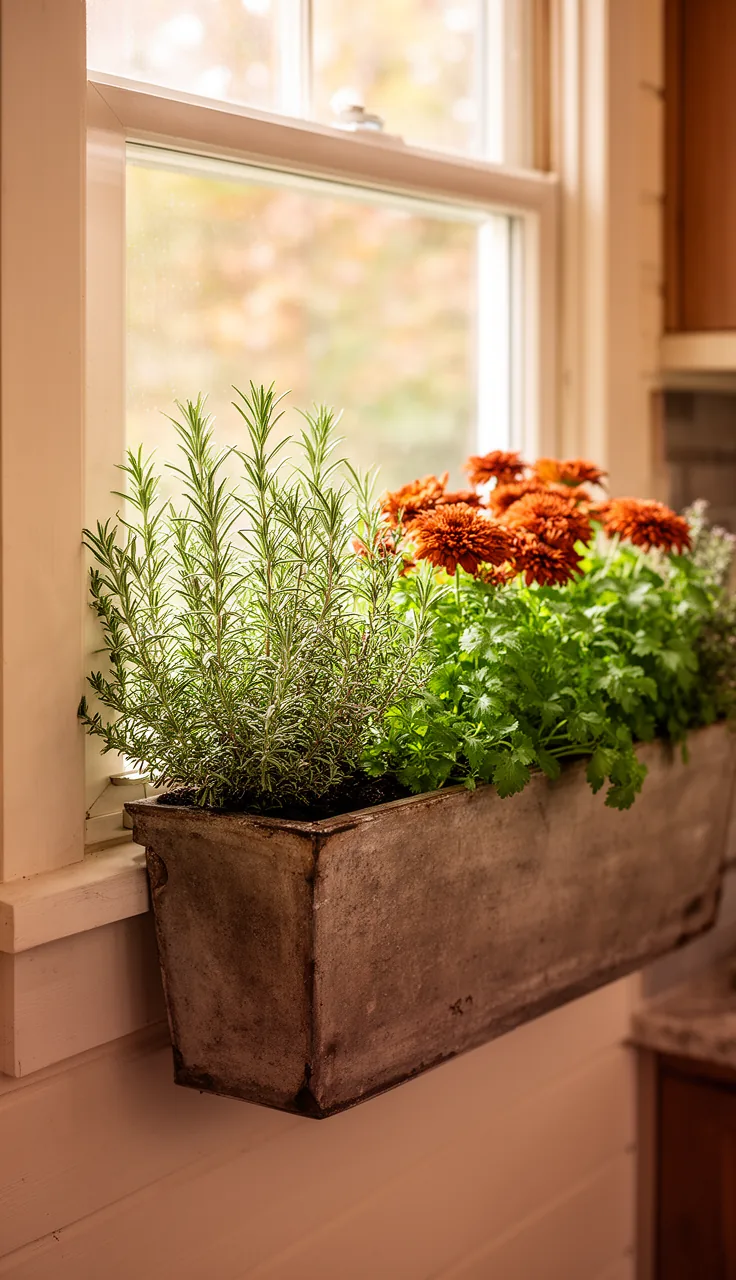 Fall herb window box outside a kitchen window
