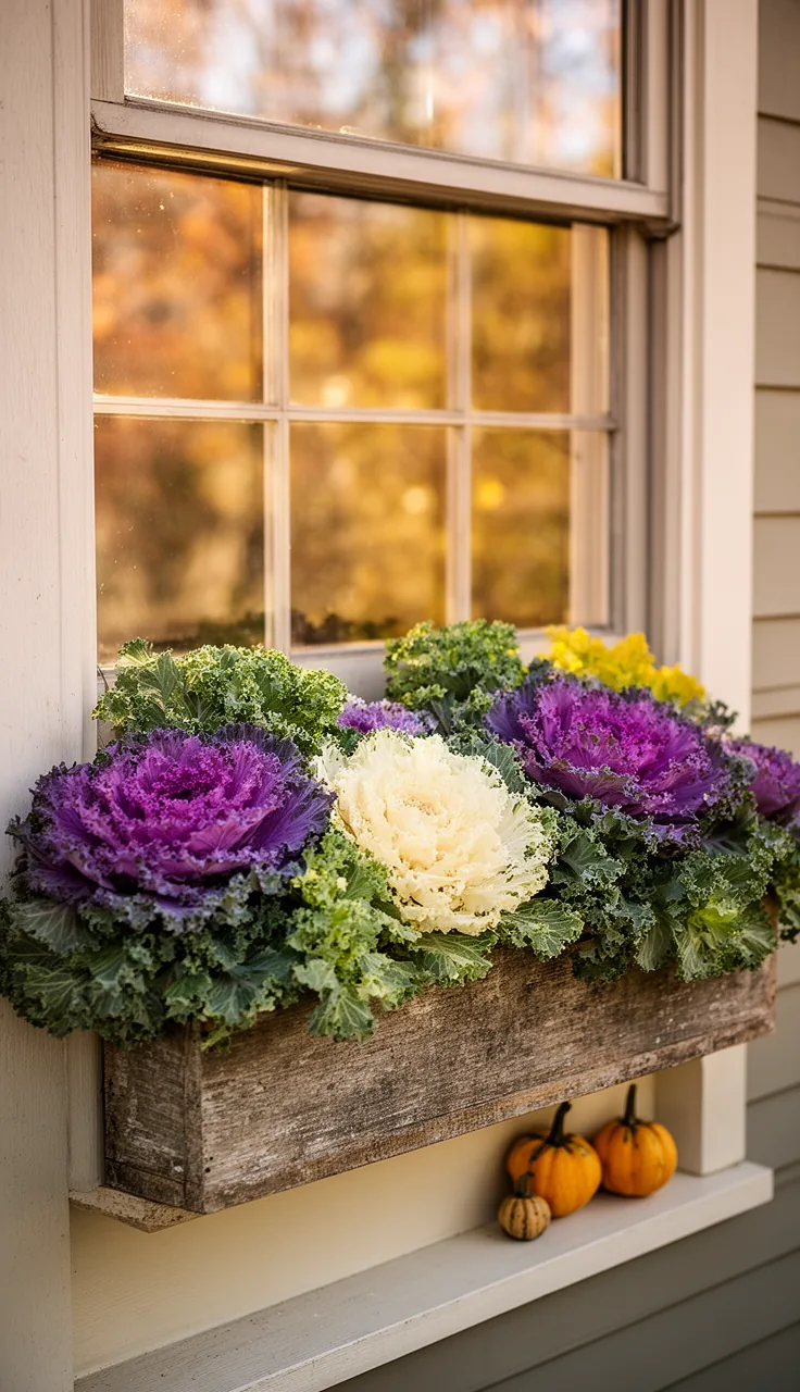 Ornamental cabbage and kale fall window box in purple and cream