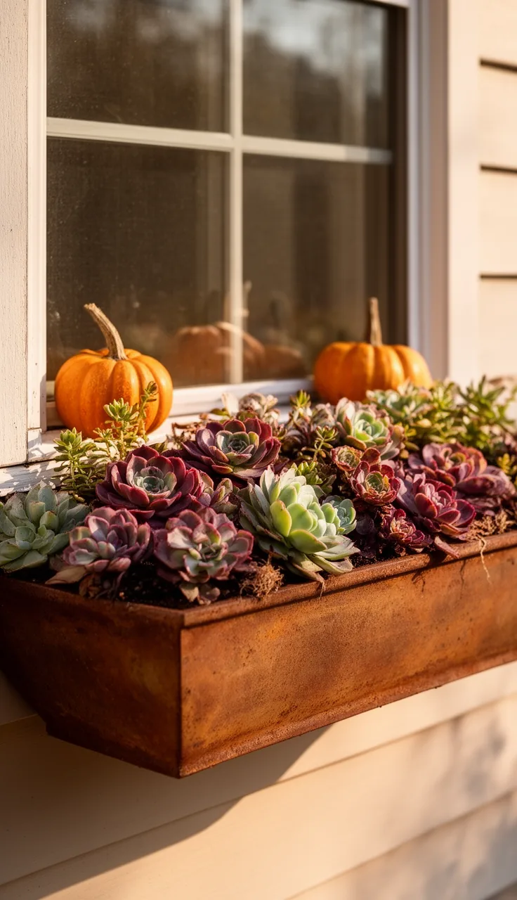 Low-maintenance succulent fall window box with mini pumpkins