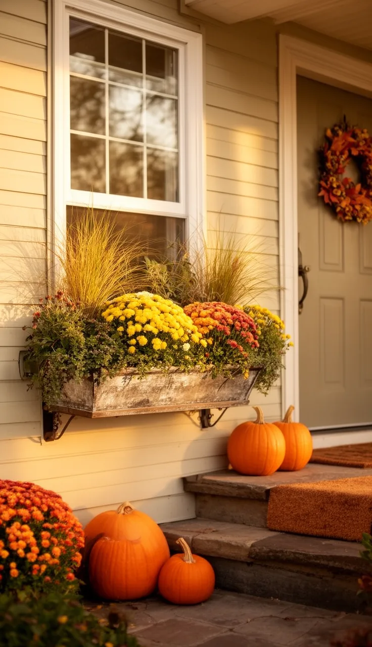 House exterior styled around cohesive fall window boxes