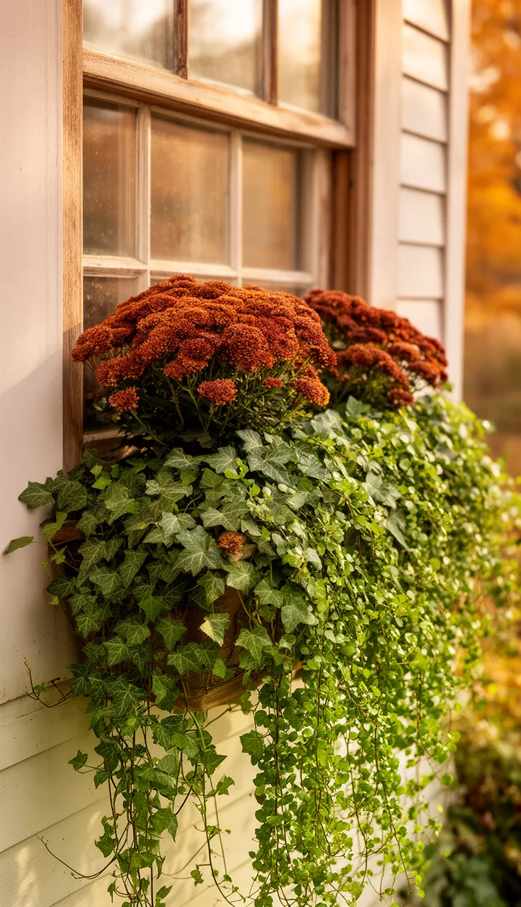 Fall window box with trailing ivy spilling over the edge