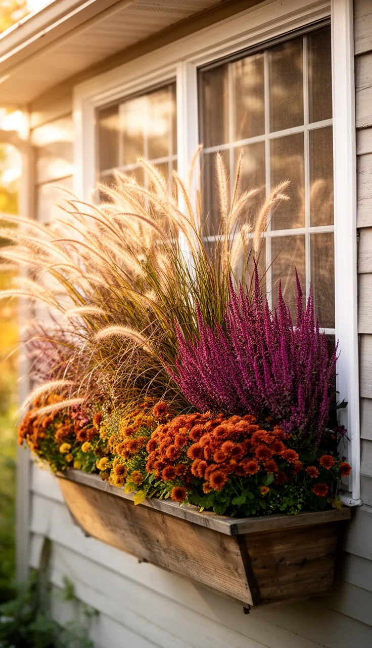 Fall window box with ornamental grass for height