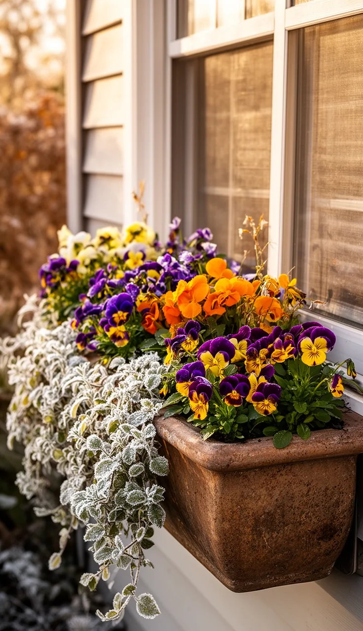 Fall window box of pansies and violas blooming in frost