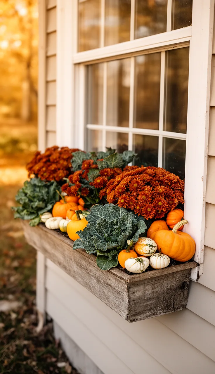 Fall window box with mini pumpkins and gourds tucked among mums