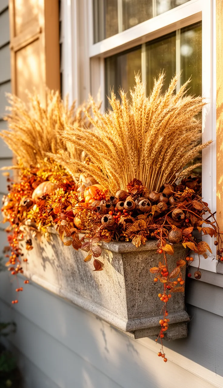 Dried wheat and pampas fall window box needing no water