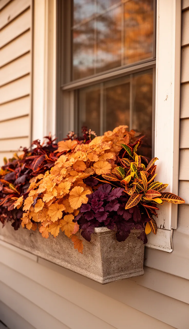 Foliage-first fall window box with coral bells and heuchera
